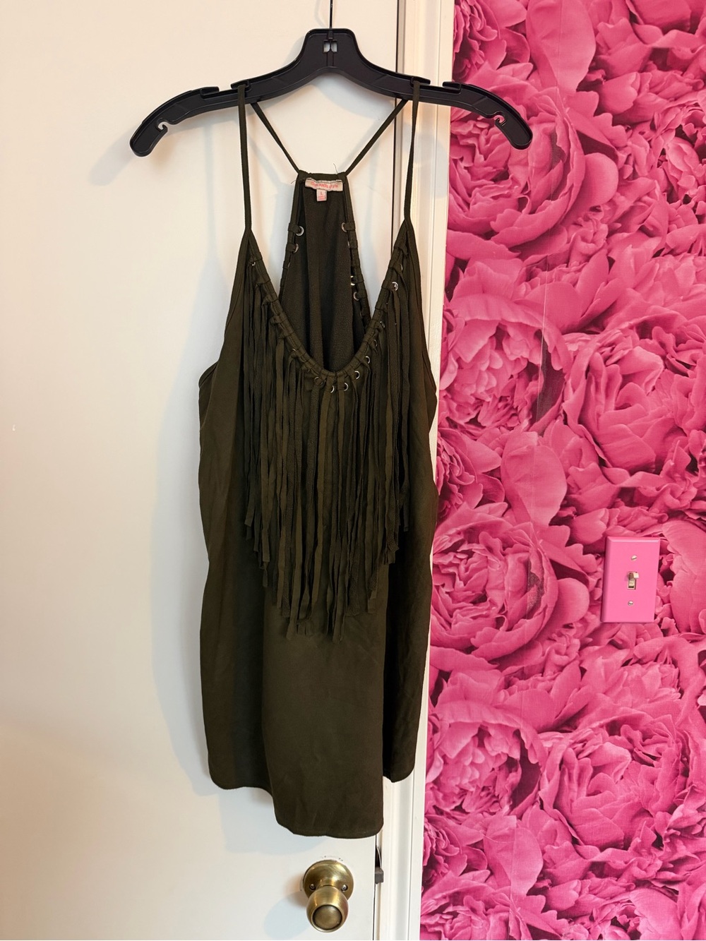 Fringe V-Neck Top - Olive Green